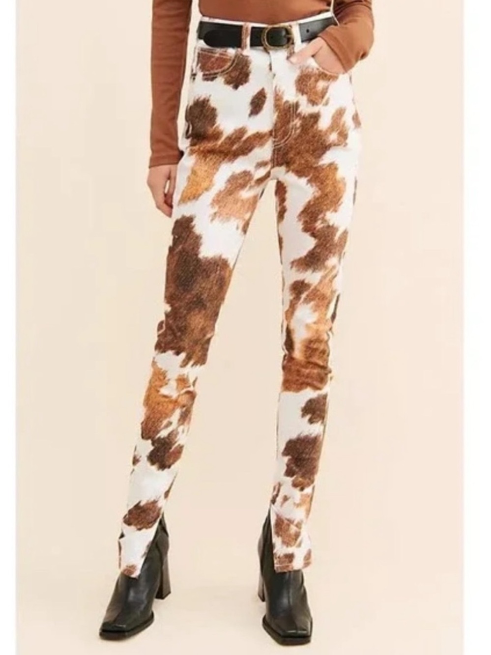 WeWoreWhat Brown White Cow-Print Jeans Sz 26 Ankle Slits Cotton stretch western
